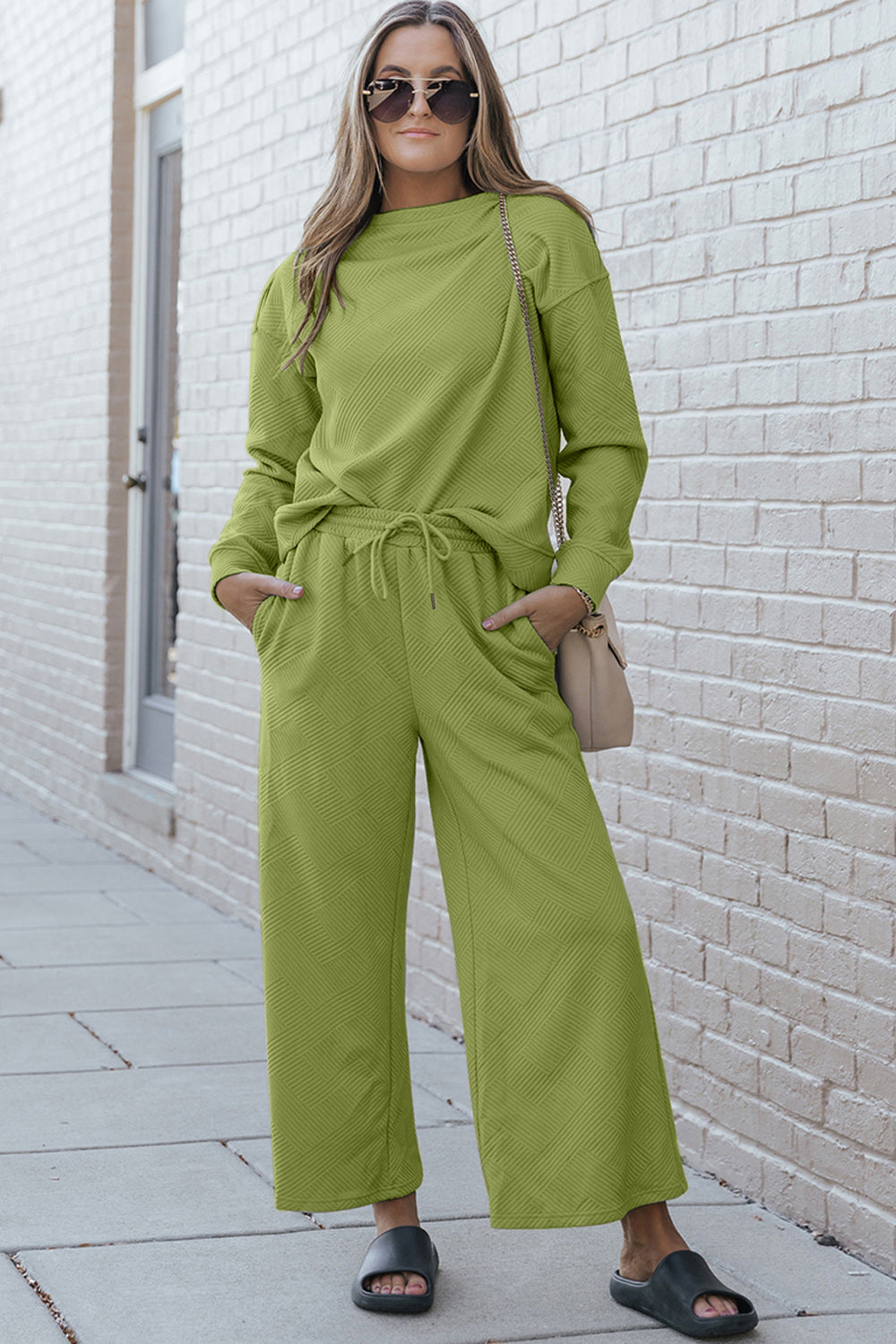 Double Take Full Size Textured Long Sleeve Top and Drawstring Pants Set no  lol