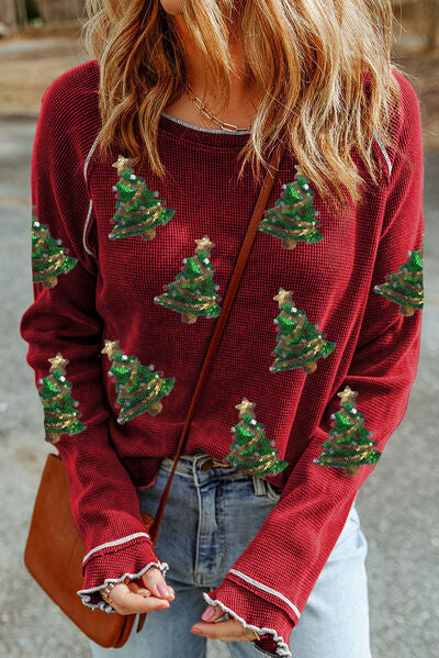 Christmas Tree Sequin Waffle Knit Long Sleeve Sweatshirt ok